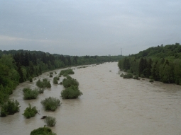 Isar bei Hochwasser unterhalb der Großhesseloher Brücke