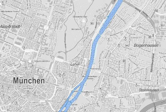 Ausschnitt der topographischen Karte, Bereich München mit Darstellung der Überschwemmungsgebiete; bei Mausklick Aufruf des Kartendienstes Überschwemmungsgefährdete Gebiete in Bayern; bei Mausklick Aufruf des Kartendienstes Überschwemmungsgefährdete Gebiete in Bayern